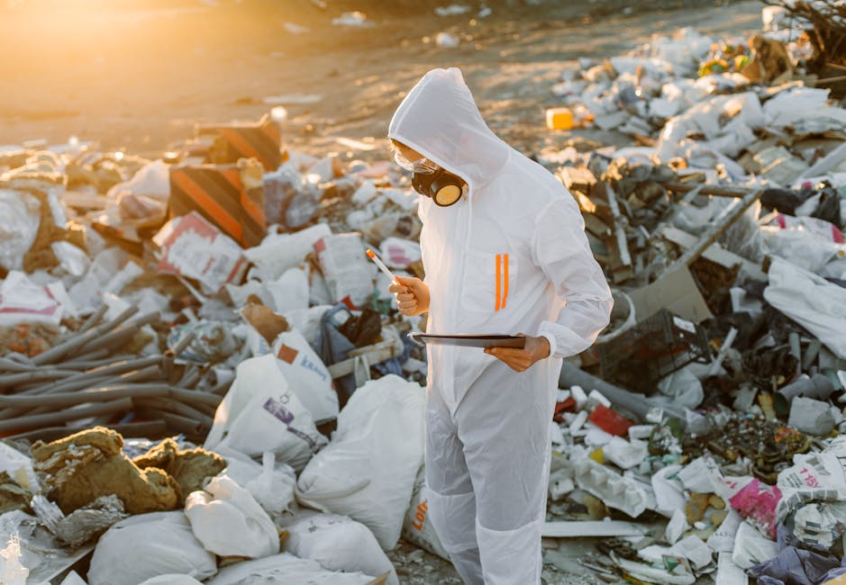 A white informational sheet featuring various recycling and waste categories, including organic, paper, plastic, metal, textile, glass, battery, bulbs, chemical, hazardous waste, e-waste, and mixed wa